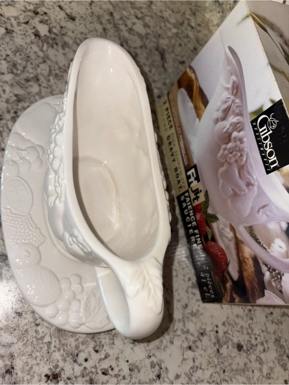 Vintage 1997 Gibson White Fruitful Embossed 1 3/4 Gravy Boat with Saucer Plate